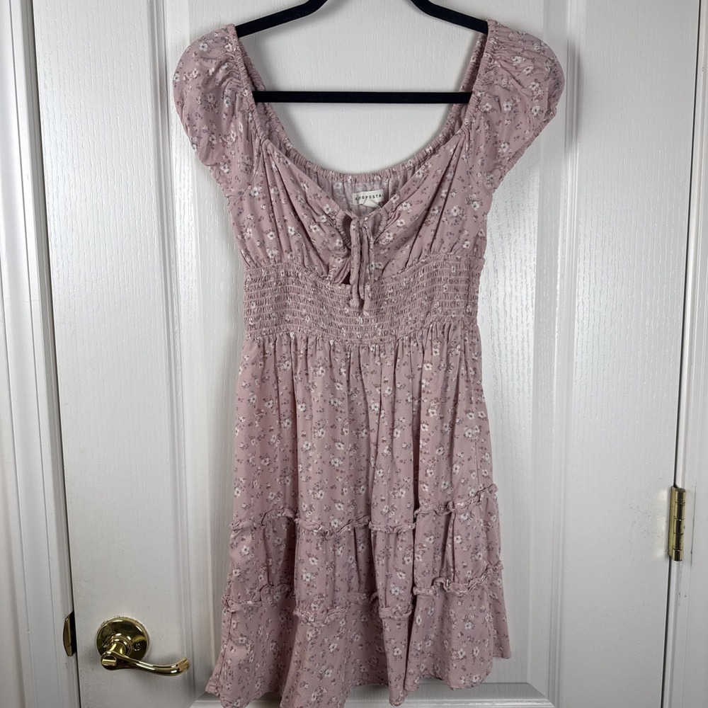 Aeropostale Pink Floral Smocked Tiered Babydoll Mini Dress Sz S Cottagecore